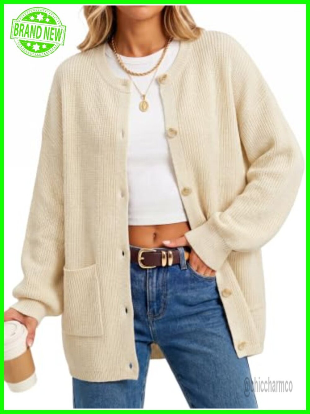 Wool Blend Oversized Chunky Knit Button Front Cardigan